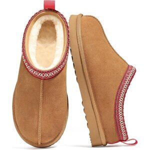 Women's Brown Suede Fuzzy Slippers for Winter Warm House Shoes Cozy Boots